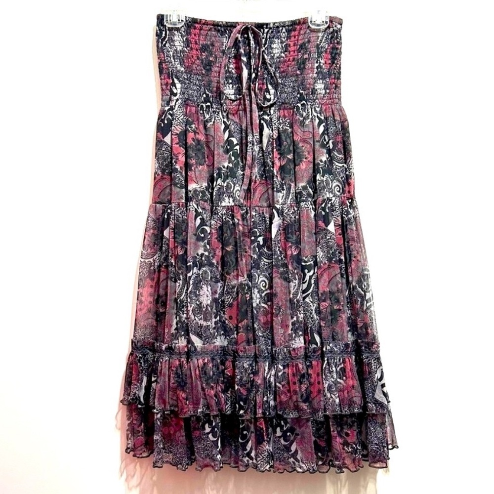 Lapis Dark Floral Print Ruffled Paisley Vintage Tiered Midi Maxi Skirt